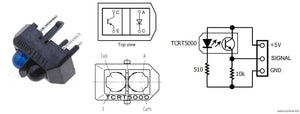 TCRT5000 Reflective IR Sensor - shown with a black plastic housing, blue and black lenses, pinout diagrams, and a circuit schematic with a 10k resistor.