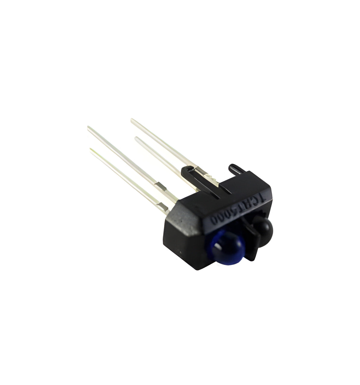 TCRT5000 Reflective IR Sensor - a black electronic component with two small lenses and four long metal pins extending from the side.