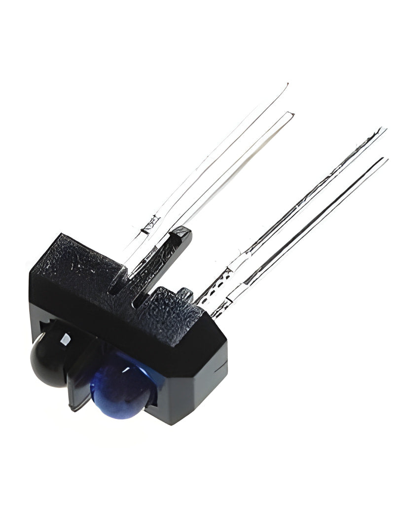 TCRT5000 Reflective IR Sensor - a black plastic housing with one black and one blue LED component and four long metal connection pins.