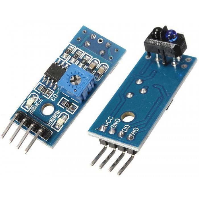 TCRT5000 Tcrt 5000 Line Tracking Sensor Module Line Following Sensor Module - two blue circuit boards with a black infrared sensor, a blue potentiometer, and four gold-plated output pins.