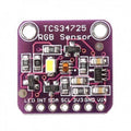 TCS34725 Color Sensor module - a purple square circuit board with a central sensor, an LED, and seven labeled pin headers at the bottom.