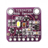 TCS34725 Color Sensor module - a purple square circuit board with a central sensor, an LED, and seven labeled pin headers at the bottom.