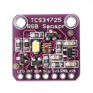TCS34725 Color Sensor module - a purple square circuit board with a central sensor, an LED, and seven labeled pin headers at the bottom.
