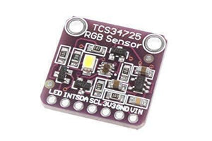 TCS34725 Color Sensor module - a square purple circuit board with a white LED, an integrated sensor chip, and a row of seven labeled connection pins.