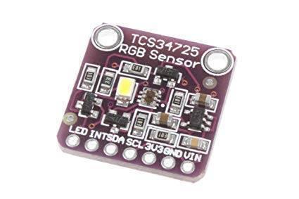 TCS34725 Color Sensor module - a square purple circuit board with a white LED, an integrated sensor chip, and a row of seven labeled connection pins.