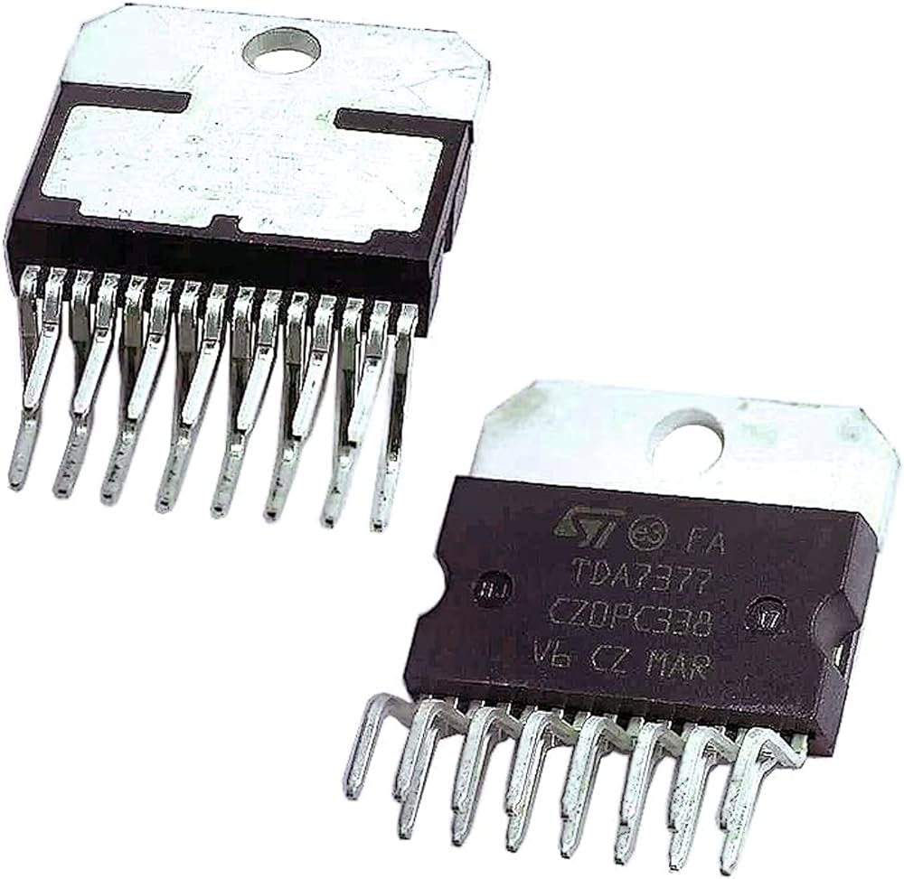 TDA7377 DC12V Digital Audio Power Amplifier - shown as two black integrated circuit chips with silver metal heat sinks and multiple pins.