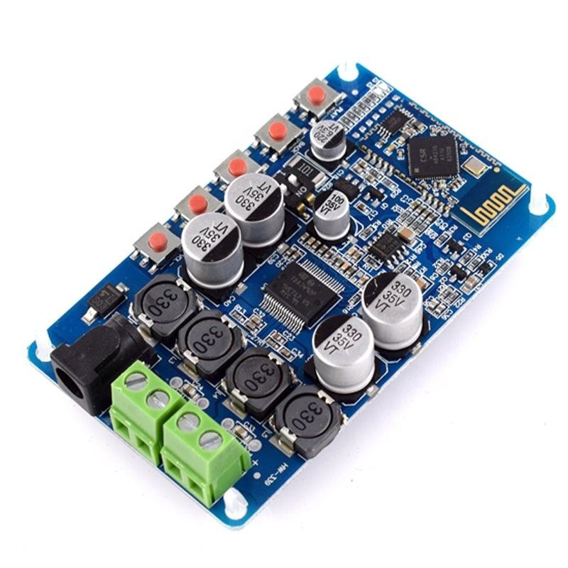 TDA7492P 25W+25W Wireless Bluetooth 4.0 Audio Receiver Digital Amplifier Board - circuit board featuring silver capacitors, black inductors, and buttons.