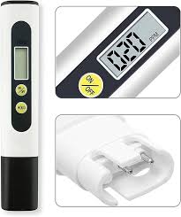TDS Meter Digital Water Quality Tester - a white and black handheld device, a close-up of its LCD screen reading 020 PPM, and its sensor probes.