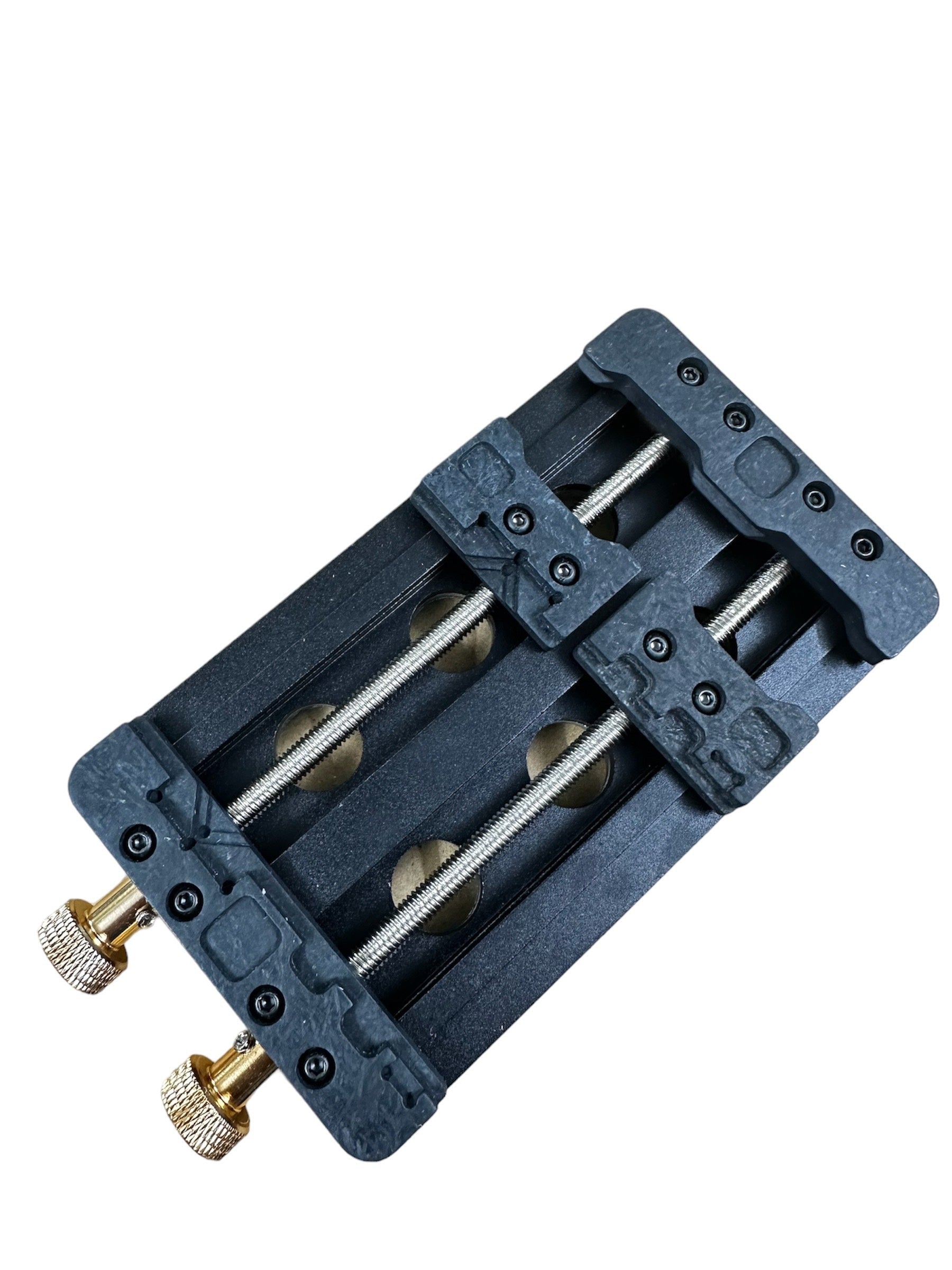 TE-192 Universal Dual Axis PCB Repair PCB Fixture For Mobile phone MotherBoard IC Glue Removal Chip Clamp - a black rectangular tool with two adjustable sliding clamps, threaded metal rods, and two brass knobs.