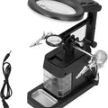 TE 803 Magnifier Soldering Station with LED Light, Adjustable Magnifying Glass Stand Holder, USB Powered for Electrical Maintenance, Engraving, and Laboratory Use - a black adjustable stand with two magnifying lenses, two metal alligator clips, a soldering iron holder, and a USB cable.