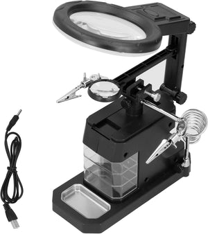 TE 803 Magnifier Soldering Station with LED Light, Adjustable Magnifying Glass Stand Holder, USB Powered for Electrical Maintenance, Engraving, and Laboratory Use - a black adjustable stand with two magnifying lenses, two metal alligator clips, a soldering iron holder, and a USB cable.
