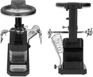 TE 803 Magnifier Soldering Station with LED Light, Adjustable Magnifying Glass Stand Holder, USB Powered for Electrical Maintenance, Engraving, and Laboratory Use - shown from front and back, featuring an LED magnifying lens, two adjustable metal clips, and a coil soldering holder.