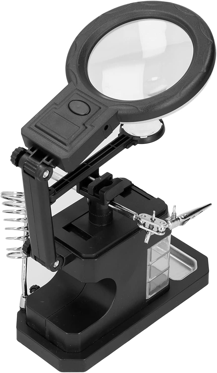 TE 803 Magnifier Soldering Station with LED Light, Adjustable Magnifying Glass Stand Holder, USB Powered for Electrical Maintenance, Engraving, and Laboratory Use - a black adjustable stand featuring a magnifying glass, a metal soldering iron holder, and a clamp.