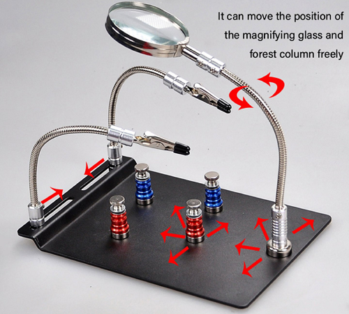TE-804 Soldering Third Hand Magnetic Universal PCB Motherboard Fixture With Magnifier - a black metal base, two flexible arms with clips, and a magnifying glass.
