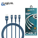 Techno edge 3IN1 USB To Micro/Type C/iPhone Nylon Fast Charging 6A Data Cable 1.2m blue - the blue cable and its retail packaging box.