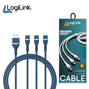 Techno edge 3IN1 USB To Micro/Type C/iPhone Nylon Fast Charging 6A Data Cable 1.2m blue - the blue cable and its retail packaging box.