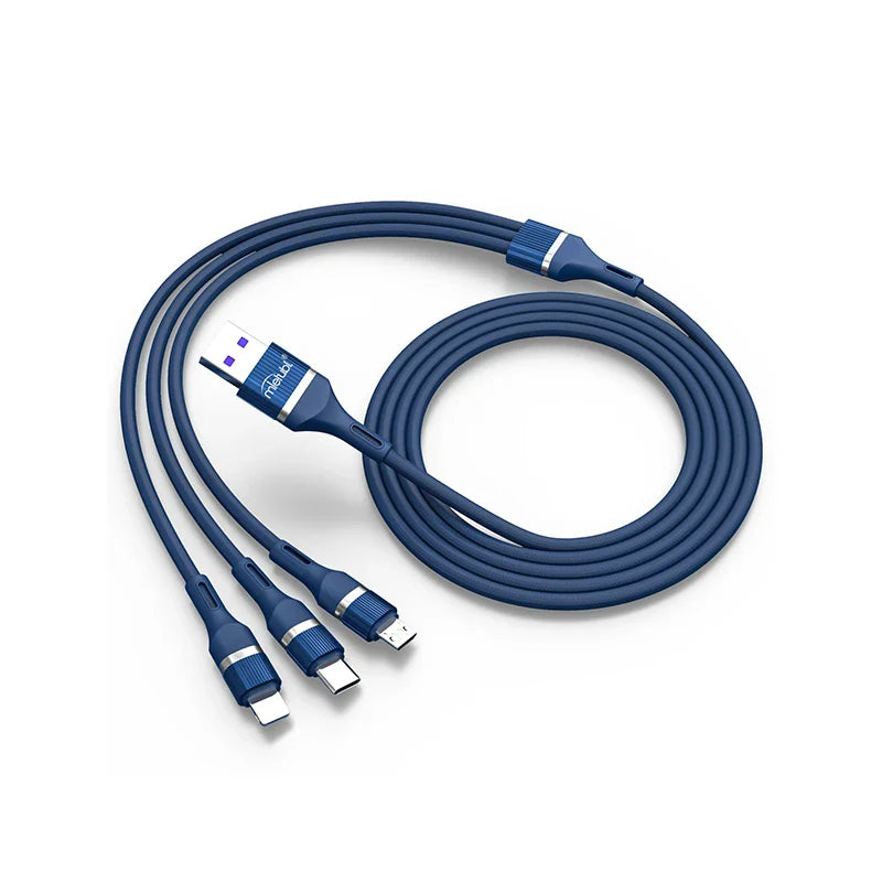 Techno edge 3IN1 USB To Micro/Type C/iPhone Nylon Fast Charging 6A Data Cable 1.2m blue - a coiled blue cable with one USB-A and three output connectors.