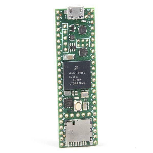Teensy 4.1 USB Arm Cortex-M7 At 600MHz TEENSY41 Dev-16771 - a green rectangular development board featuring a micro-USB port, a processor chip, and an SD slot.