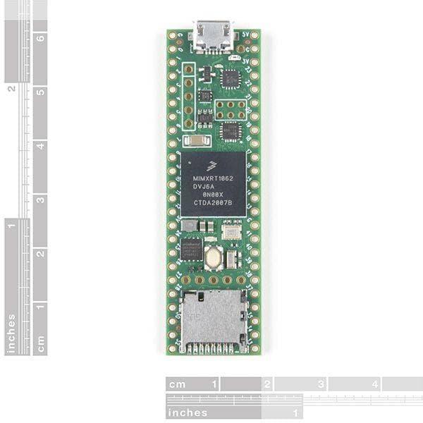 Teensy 4.1 USB Arm Cortex-M7 At 600MHz TEENSY41 Dev-16771 - a green rectangular microcontroller board with a USB port, a memory card slot, and various pins on a white background.