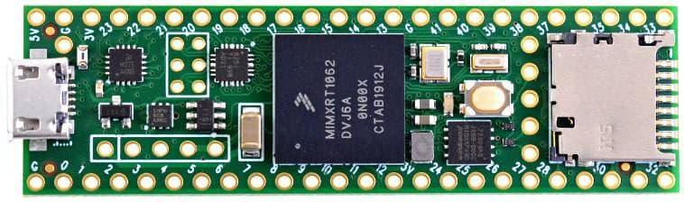 Teensy 4.1 USB Arm Cortex-M7 At 600MHz TEENSY41 Dev-16771 - a green rectangular development board with a micro-USB port, a central processor chip, a push button, and an SD slot.