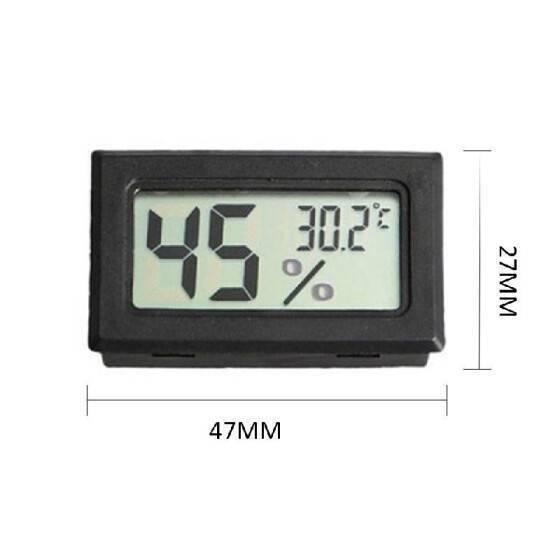Temperature And Humidity Meter - with a black rectangular frame and a digital display showing 45% humidity and 30.2 degrees Celsius with dimension labels.
