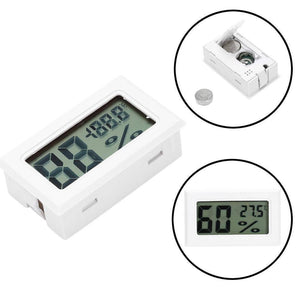 Temperature And Humidity Meter - shown as a white digital display unit with a battery compartment view and a screen reading 60% humidity and 27.5°C.