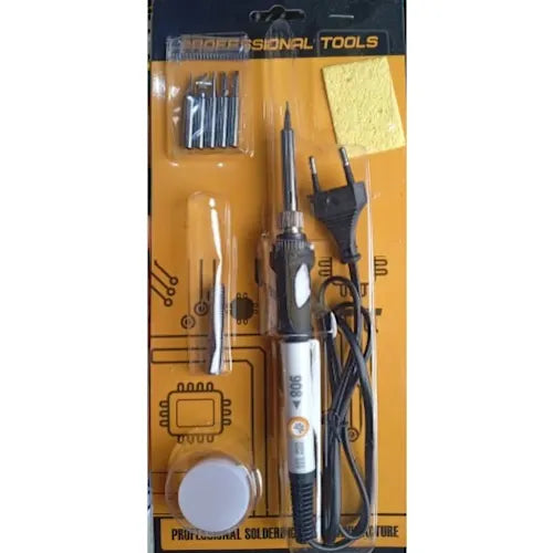 Temperature Control Soldering Iron With 4 Multi - function Tip + sponge - 908 220V 60W price - kit in retail packaging including a soldering iron, five tips, a cleaning sponge, and a solder container.