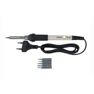 Temperature Control Soldering Iron With 4 Multi - function Tip + sponge - 908 220V 60W price - a white and black soldering iron with a power cord, a plug, and five additional metal tips arranged below it.