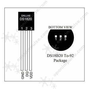 Temperature Sensor DS18B20 - the front view with three leads labeled GND, DQ, and VDD, and a bottom view of the TO-92 package.