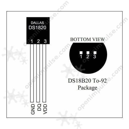 Temperature Sensor DS18B20 - the front view with three leads labeled GND, DQ, and VDD, and a bottom view of the TO-92 package.