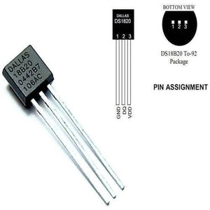 Temperature Sensor DS18B20 - a black TO-92 package with three pins, alongside a diagram illustrating the pin assignment for GND, DQ, and VDD.
