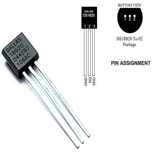 Temperature Sensor DS18B20 - a black TO-92 package with three pins, alongside a diagram illustrating the pin assignment for GND, DQ, and VDD.
