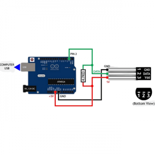 Temperature Sensor DS18B20 - the sensor connected to an Arduino board with a 4.7k ohm resistor and three-pin connector.