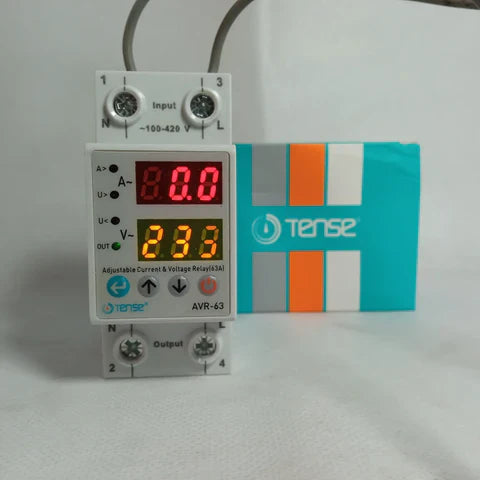 Tense 63A 220V Home Protection Protector Adjustable Device for Voltage and Current - a white modular unit with a digital display reading 0.0 and 233 next to its branded packaging.