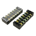 Terminal Block Strip Connector - two black 6-position barrier terminal blocks, one with a clear plastic cover and printed labels.