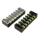 Terminal Block Strip Connector - two black 6-position barrier terminal blocks, one with a clear plastic cover and printed labels.