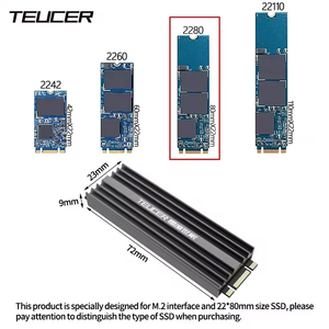 TEUCER M.2 SSD Heatsink NVME 2280 - Aluminum Cooling Radiator for Desktop PC & PS5 - a dimension diagram for 2242, 2260, 2280, and 22110 SSD sizes alongside the black aluminum heatsink.