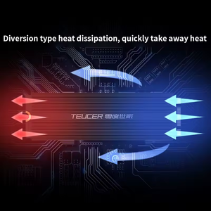TEUCER M.2 SSD Heatsink NVME 2280 - Aluminum Cooling Radiator for Desktop PC & PS5 - shown as a black, grooved rectangular radiator with red and blue arrows indicating airflow against a circuit board.