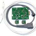 Texas Instruments Analogue Front End Heart Rate Sensor Evaluation Kit For AFE4403 - a green circuit board, two small sensor modules, a USB cable, and a grey medical-style sensor cable.