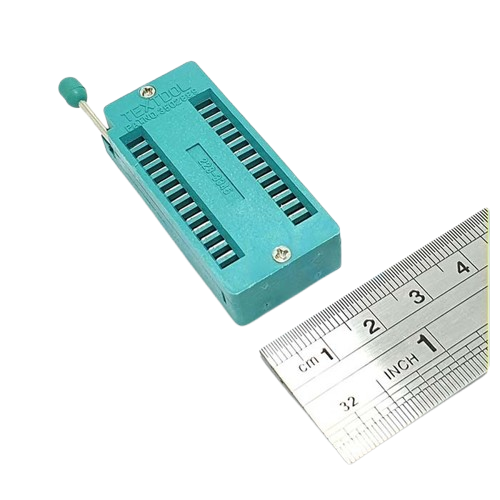 Textool 28 Pin 228-3345 ZIF ZIP DIP IC tester board - a teal rectangular component with a lever and metal ruler for scale.