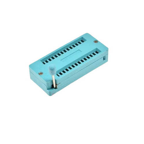 Textool 28 Pin 228-3345 ZIF ZIP DIP IC tester board - a rectangular light blue socket with a vertical metal lever and a series of pin slots.