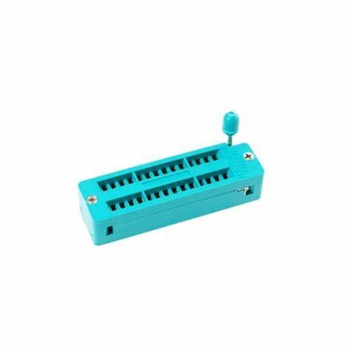 Textool 28 Pin Mini 228-3341 ZIF ZIP DIP IC Socket - a turquoise rectangular socket featuring a lever-actuated mechanism and two rows of pin slots.