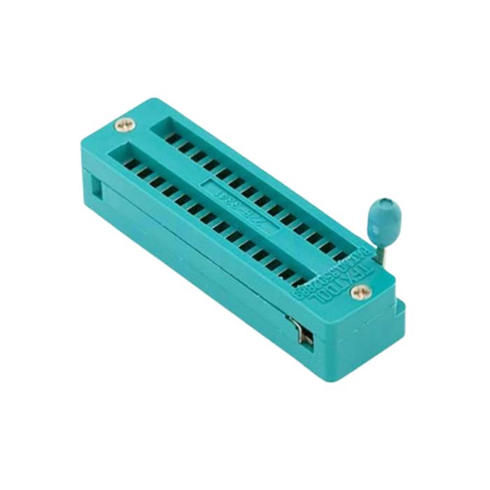 Textool 28 Pin Mini 228-3341 ZIF ZIP DIP IC Socket - a teal rectangular electronic component socket featuring a lever-actuated clamping mechanism.