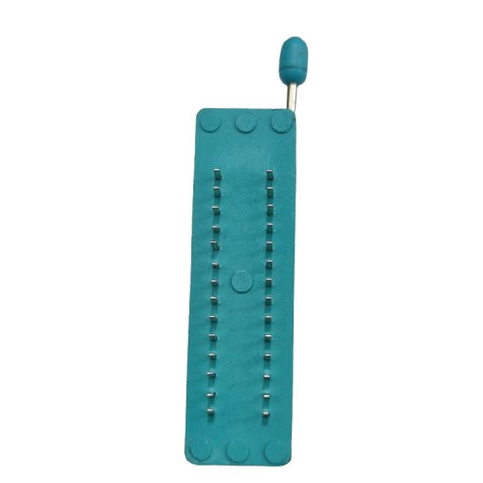 Textool 28 Pin Mini 228-3341 ZIF ZIP DIP IC Socket - a teal-colored rectangular socket with two rows of metal pins and a blue lever handle at the top.