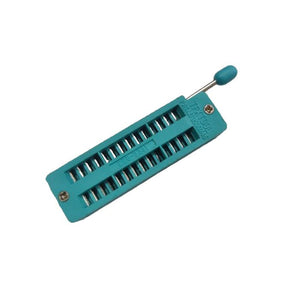 Textool 28 Pin Mini 228-3341 ZIF ZIP DIP IC Socket - a teal rectangular component with a lever arm and 28 pin slots, shown from a top-down angle.