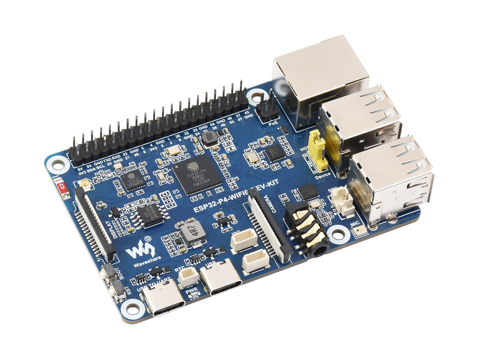 The ESP32-P4 development board ESP32-P4 and ESP32-C6 Wi-Fi 6 and Bluetooth 5/BLE 5 supporting Xiaozhi AI DeepSeek - rectangular circuit board with Ethernet ports, USB-C connectors, a camera interface, and various pin headers.