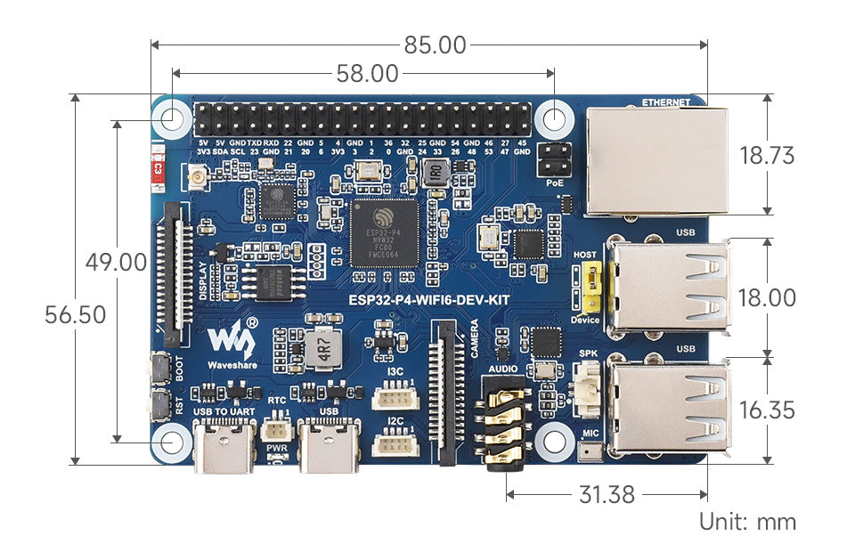 The ESP32-P4 development board ESP32-P4 and ESP32-C6 Wi-Fi 6 and Bluetooth 5/BLE 5 supporting Xiaozhi AI DeepSeek - ESP32-P4-WIFI6-DEV-KIT blue development board with dimension annotations, featuring Ethernet, USB, audio, camera, and display ports on a circuit board.