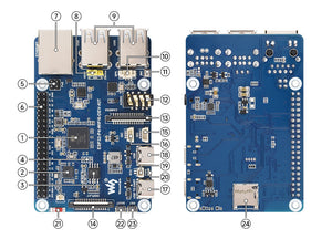 The ESP32-P4 development board ESP32-P4 and ESP32-C6 Wi-Fi 6 and Bluetooth 5/BLE 5 supporting Xiaozhi AI DeepSeek - the top and bottom sides of the blue circuit board with ports for Ethernet, USB, audio, camera, and SD card.
