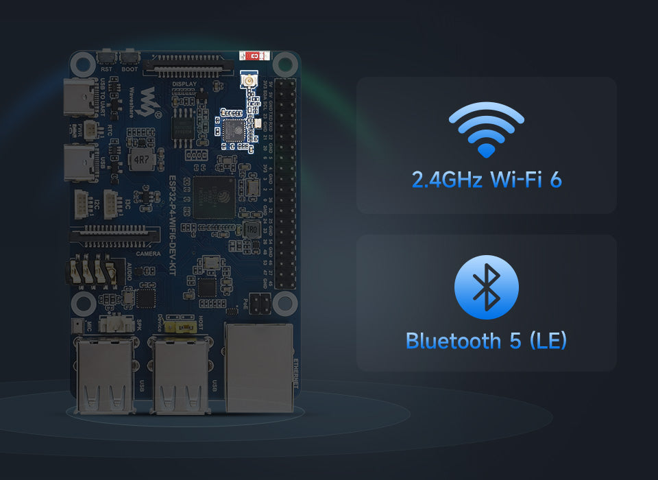 The ESP32-P4 development board ESP32-P4 and ESP32-C6 Wi-Fi 6 and Bluetooth 5/BLE 5 supporting Xiaozhi AI DeepSeek - ESP32-P4-WIFI6-DEV-KIT blue development board featuring various ports, connectors, and buttons, displayed next to Wi-Fi 6 and Bluetooth 5 icons.