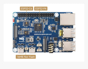 The ESP32-P4 development board ESP32-P4 and ESP32-C6 Wi-Fi 6 and Bluetooth 5/BLE 5 supporting Xiaozhi AI DeepSeek - ESP32-P4-WIFI6-DEV-KIT blue development board with Ethernet, USB ports, camera connector, audio jack, and labeled ESP32-P4, ESP32-C6, and 16MB Nor Flash.